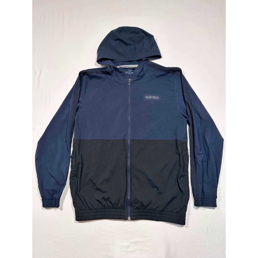 Adidas Navy Blue Black Colorblock Full Zip Hooded Windbreaker Jacket Mens Medium